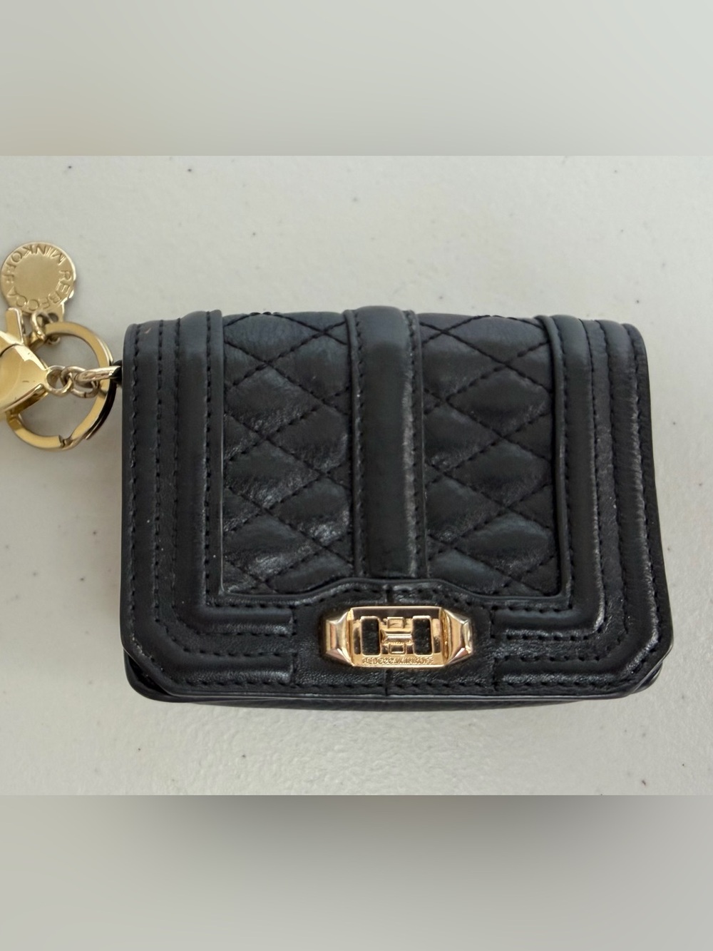 Rebecca Minkoff Quilted Leather Keychain Wallet Coin Purse Black Gold